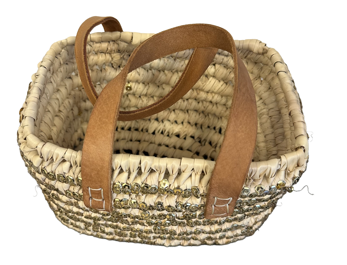 Rieten boho mand met gouden pailletten