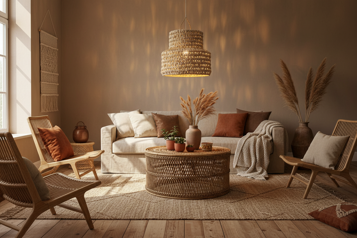 Hanglamp gevlochten "hoed" - naturel - hoogte 20 x dia 25 cm