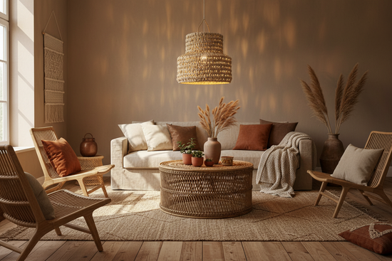 Hanglamp gevlochten "hoed" - naturel - hoogte 20 x dia 25 cm