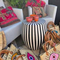 Boho Rieten tas met evil eye - blauw met gouden pailleten