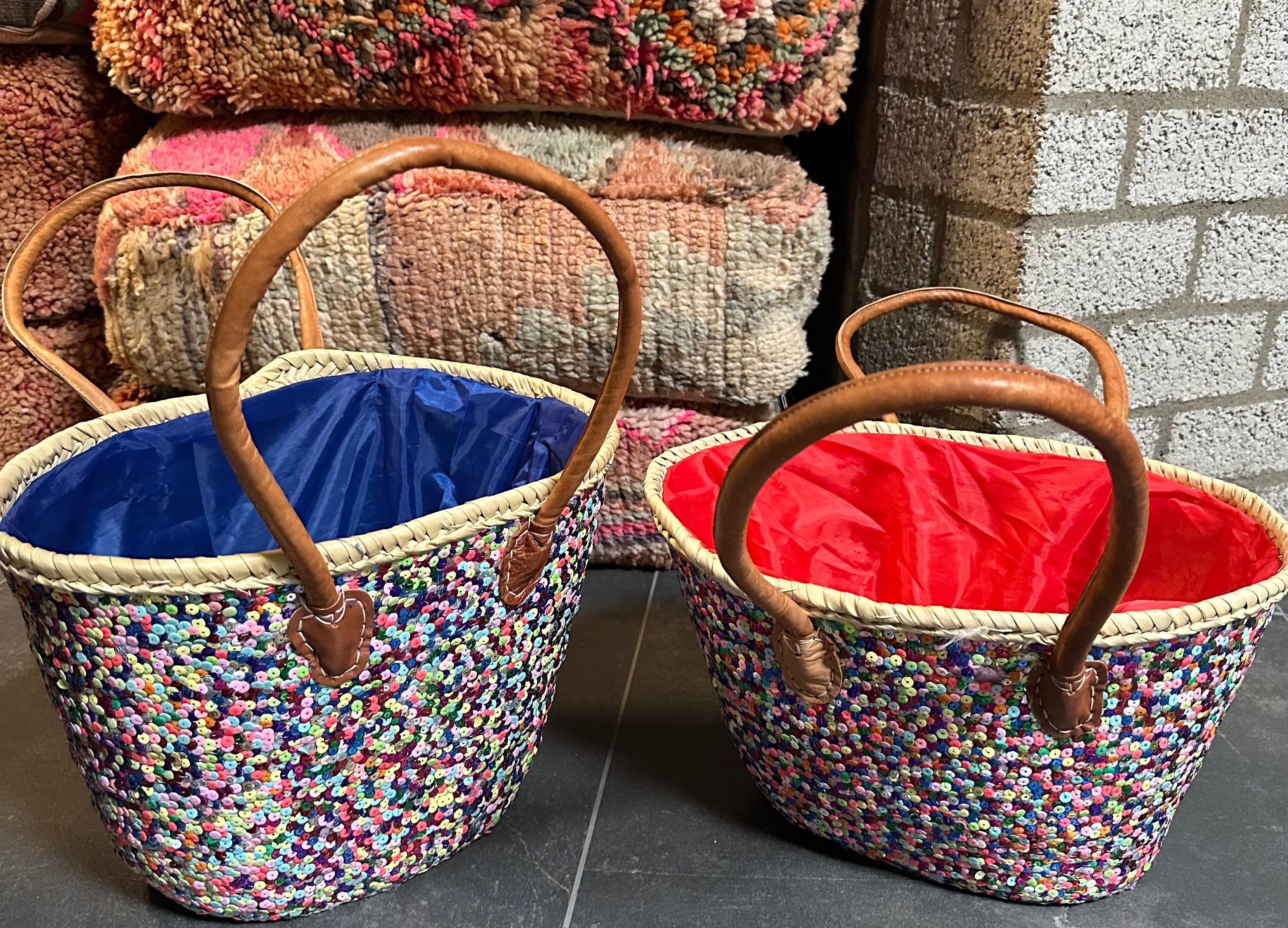 Rieten Strandtas met multicolor pailletten