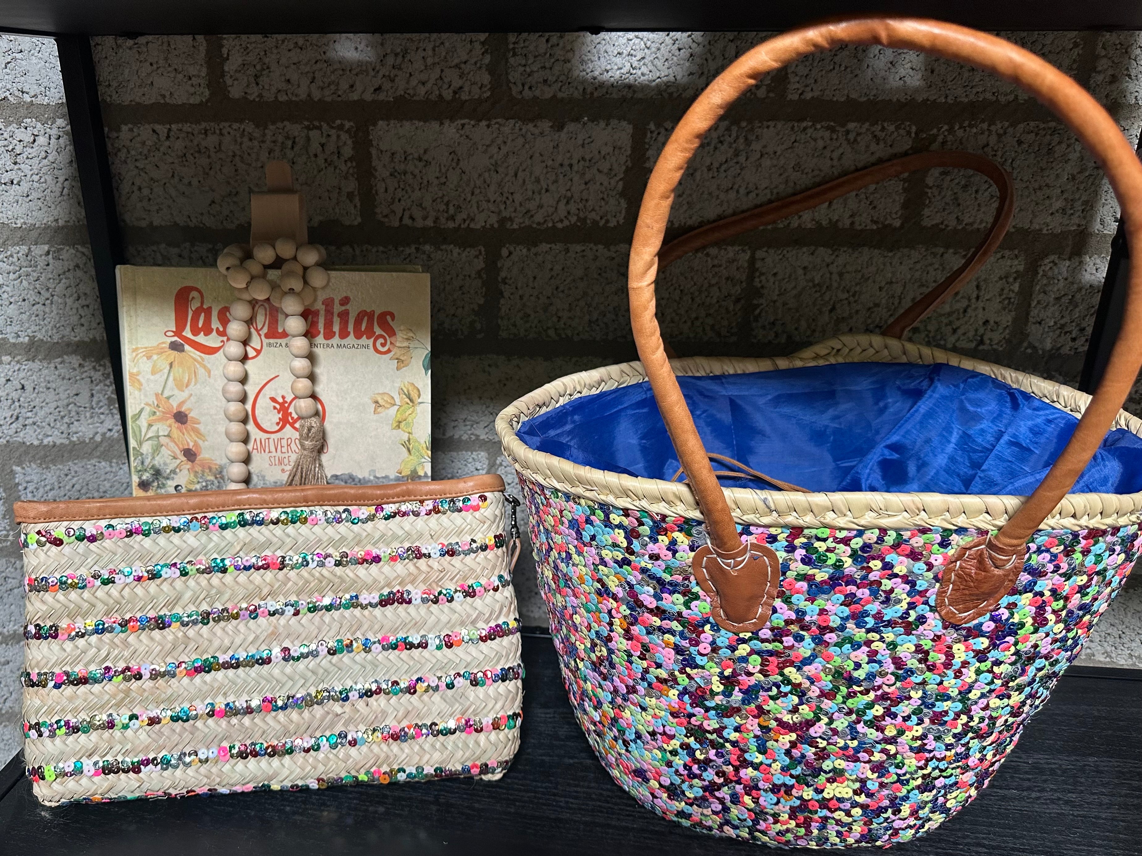 Rieten strandtas met multicolor pailletten