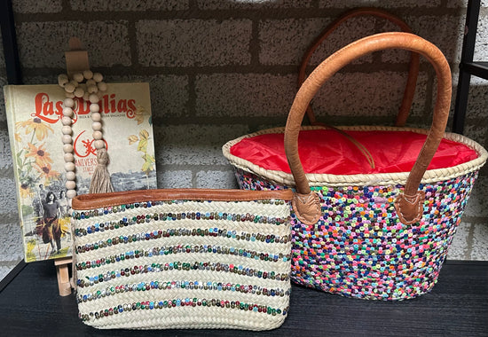 Rieten boho Clutch met multicolor pailletten