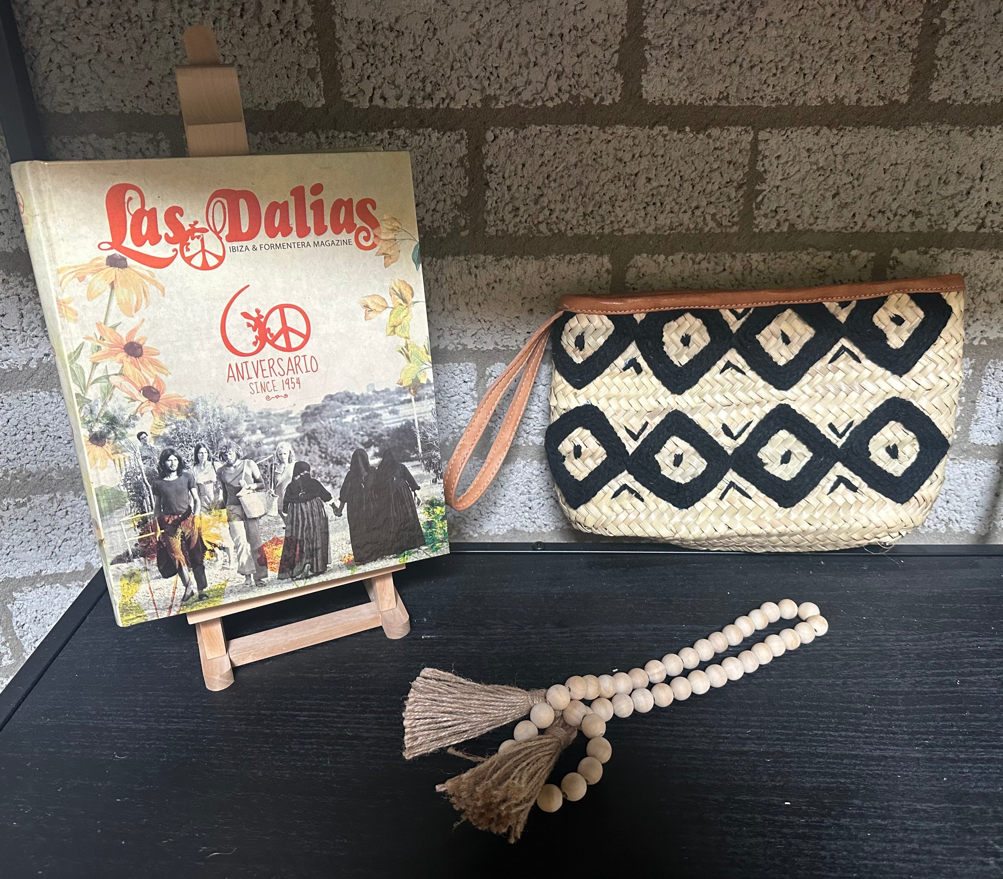 Rieten boho Clutch - naturel met zwart