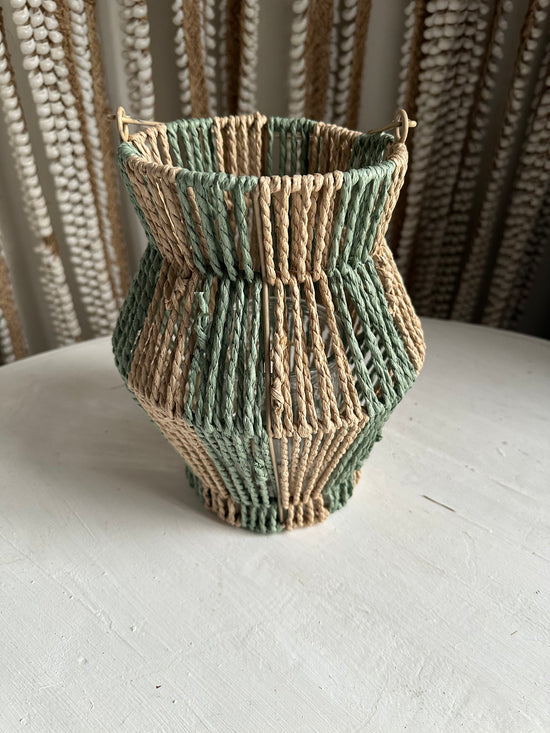 Gevlochten lantaarn - naturel + groen