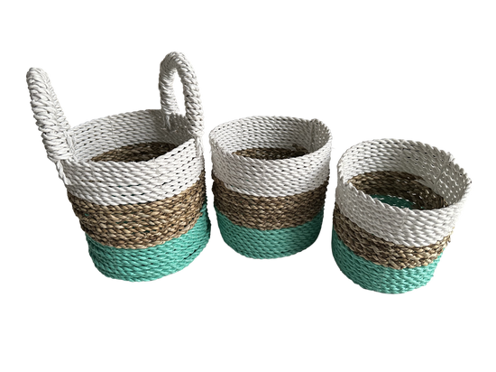 Zeegrasmanden set van 3 stuks - wit/naturel/turkoois