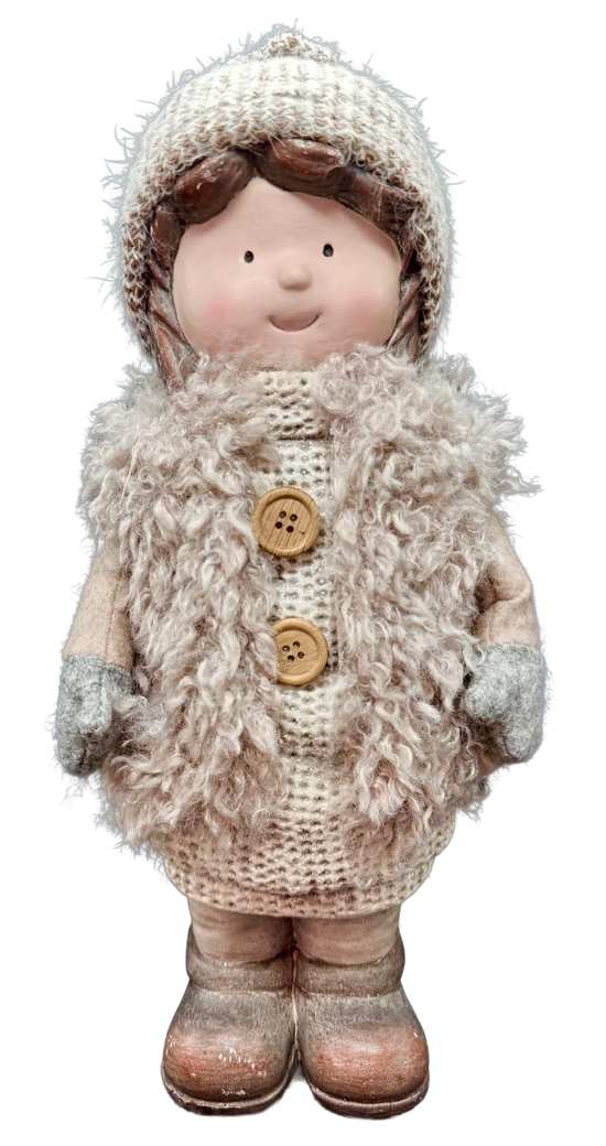 Meisje met bodywarmer - decoratiepop 35 cm