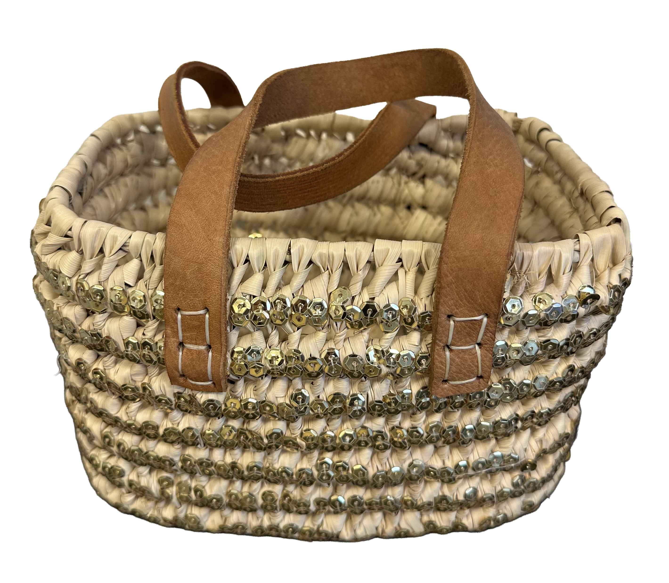 Rieten boho mand met gouden pailletten