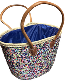 Rieten strandtas met multicolor pailletten