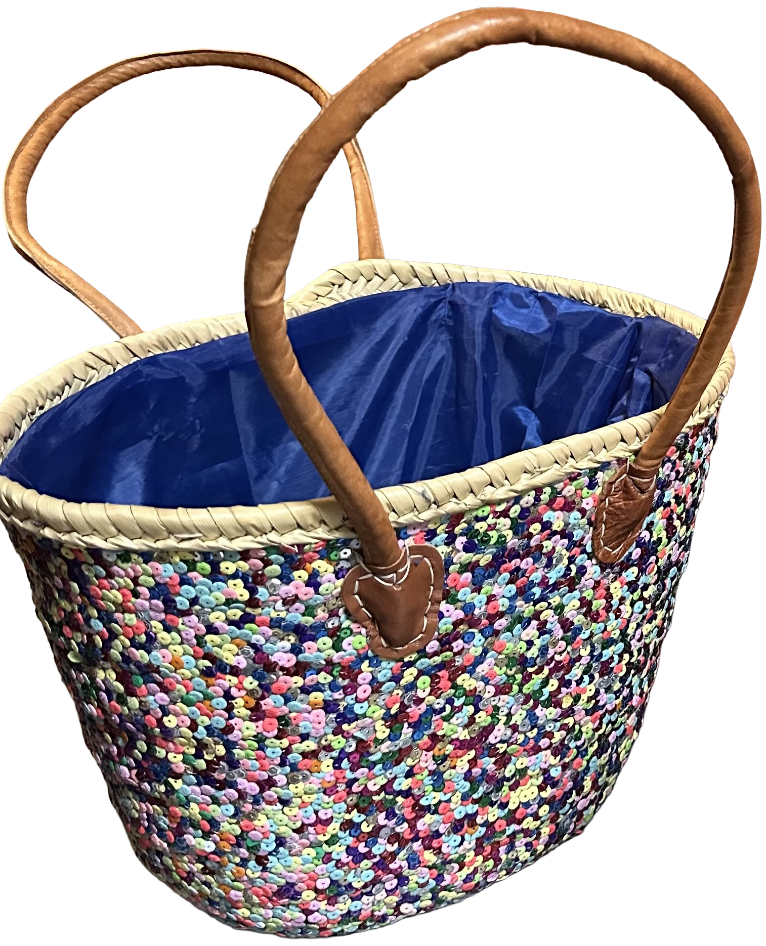 Rieten strandtas met multicolor pailletten