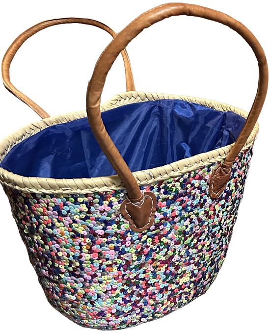Rieten strandtas met multicolor pailletten
