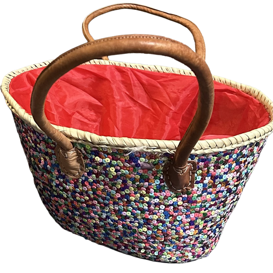 Rieten Strandtas met multicolor pailletten