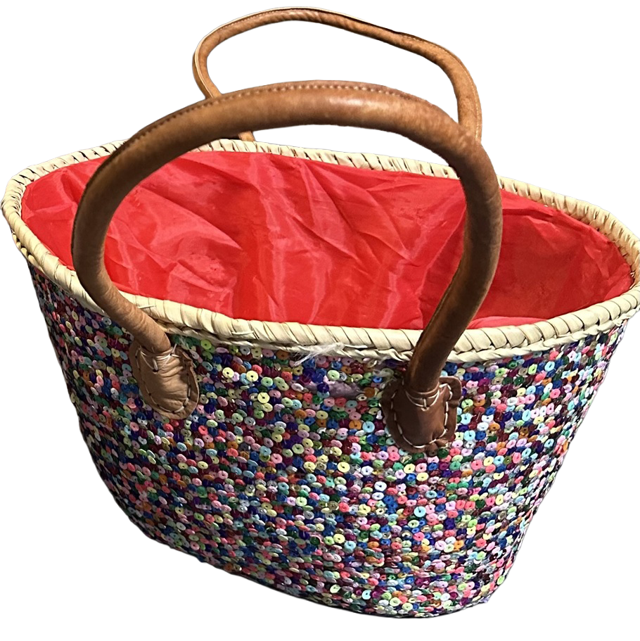 Rieten Strandtas met multicolor pailletten