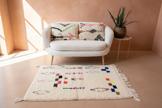 Marokkaans Boujaad vloerkleed - wit + multicolor - 136 x 100 cm