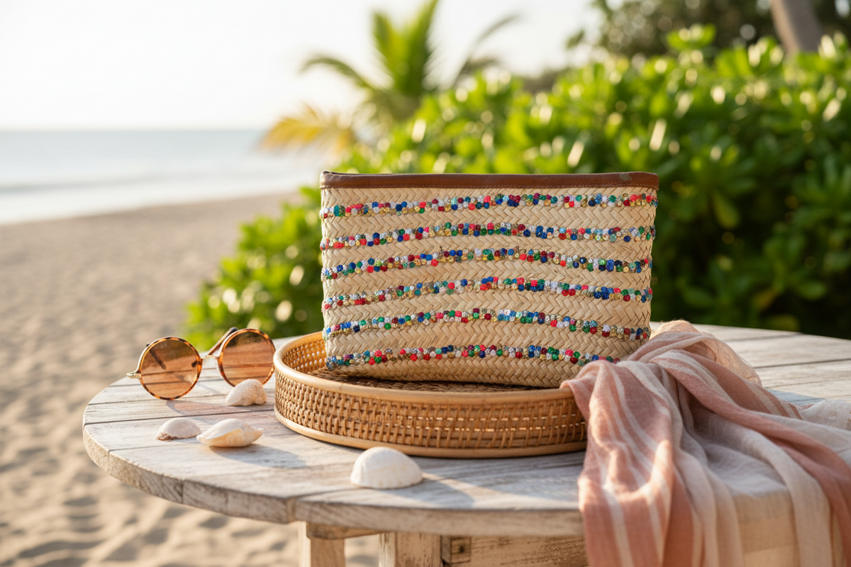 Rieten boho Clutch met multicolor pailletten