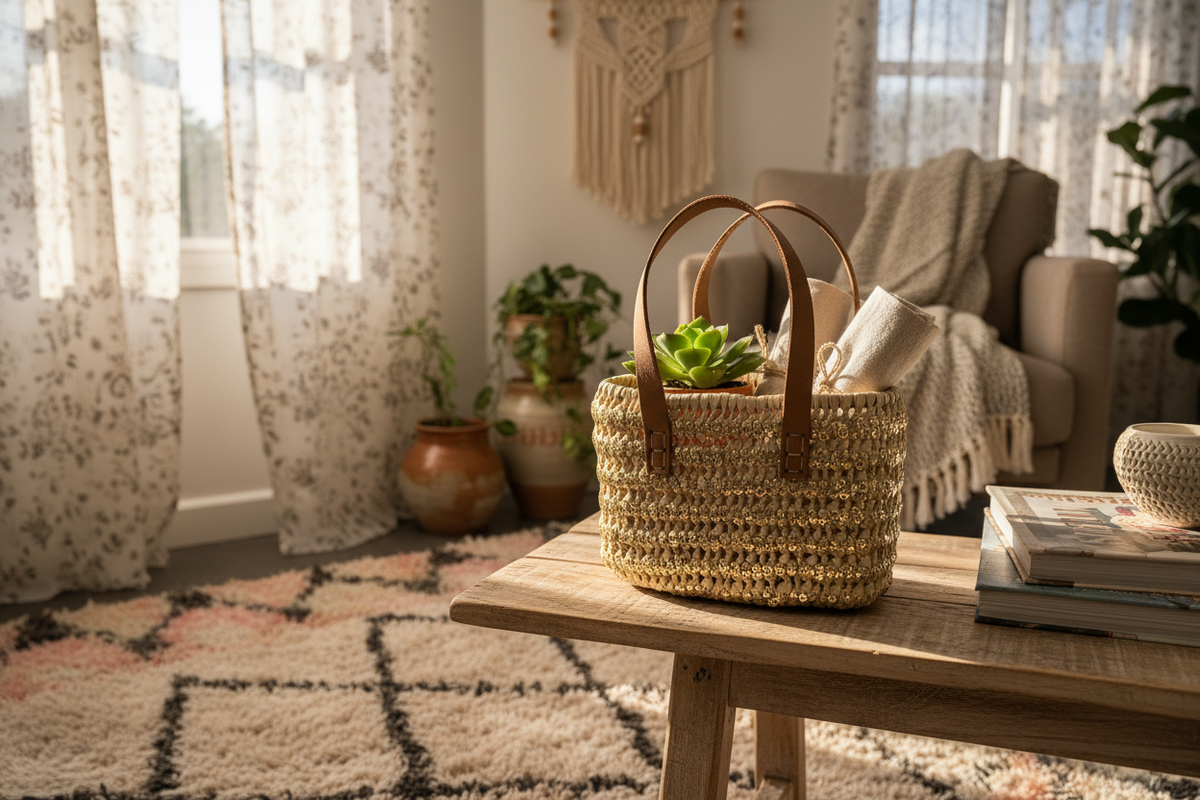 Rieten boho mand met gouden pailletten