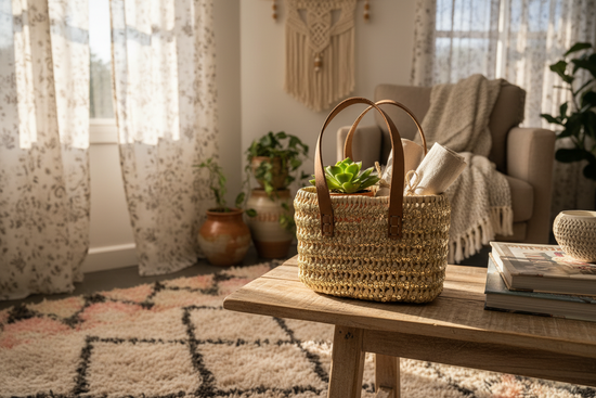 Rieten boho mand met gouden pailletten