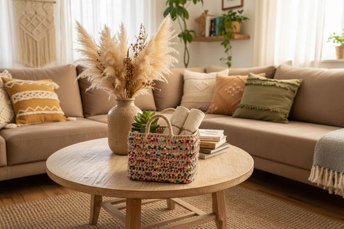 Rieten boho mand met multi-color pailletten