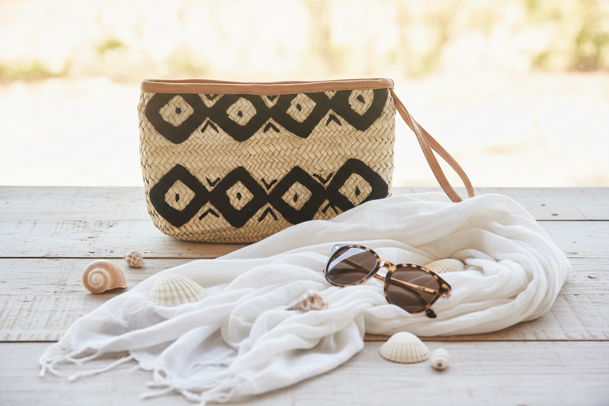 Rieten boho Clutch - naturel met zwart