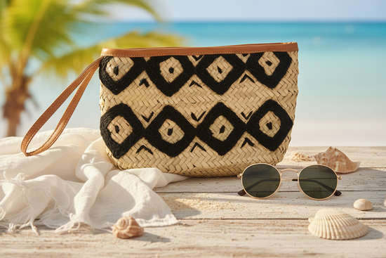 Rieten boho Clutch - naturel met zwart