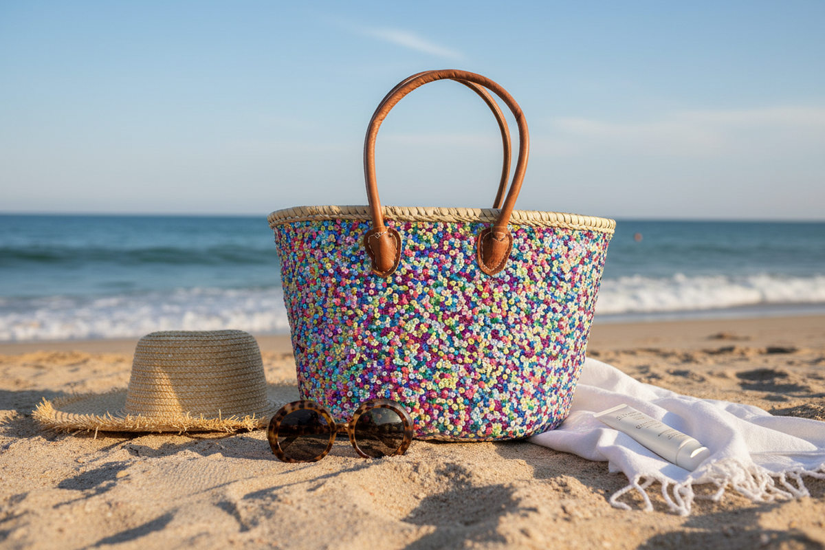 Rieten Strandtas met Multicolor Pailletten - met blauwe binnenvoering