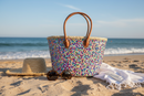 Rieten Strandtas met Multicolor Pailletten - met blauwe binnenvoering