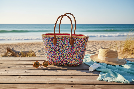 Rieten Strandtas met Multicolor Pailletten - met rode binnenvoering